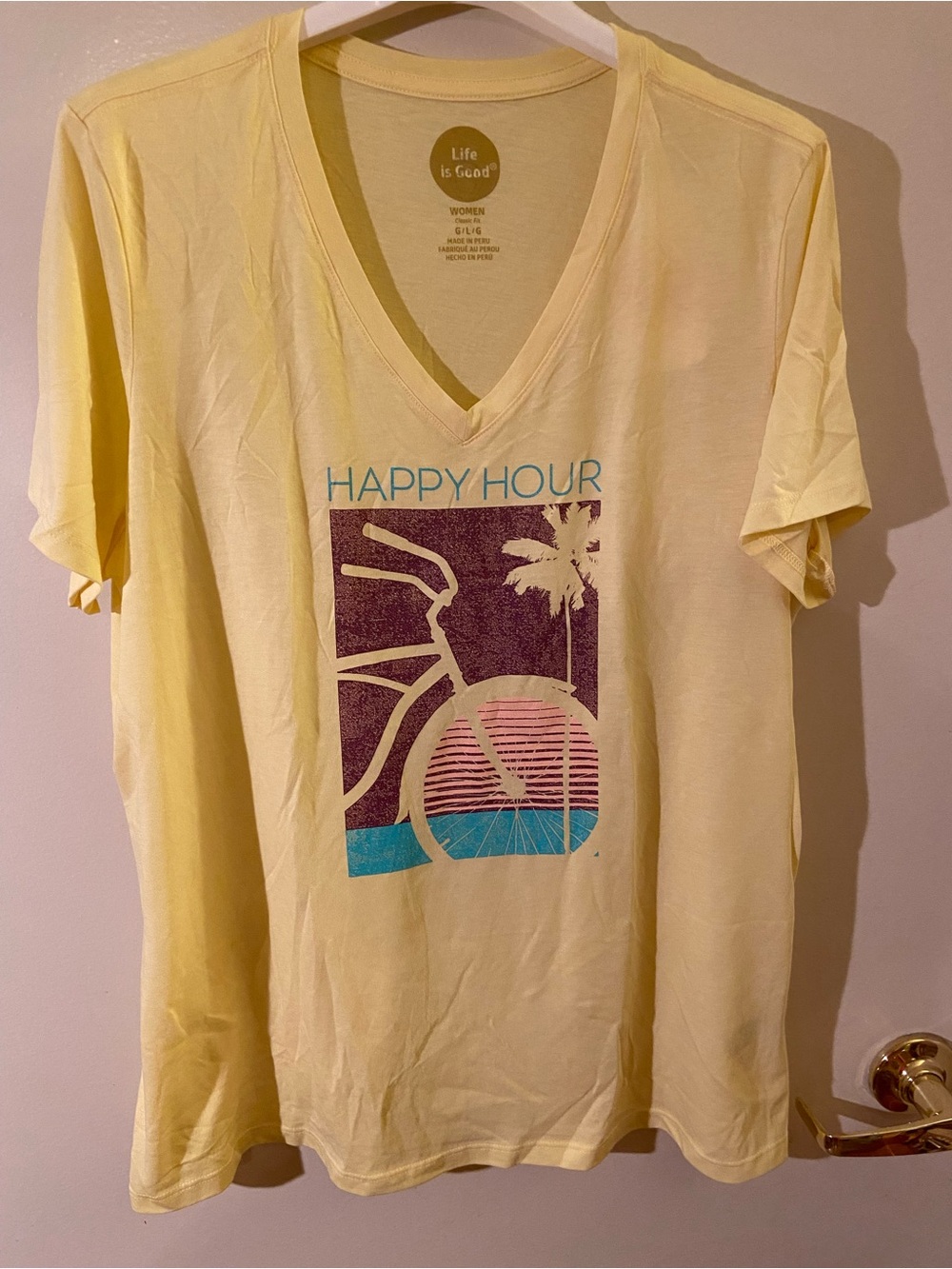 Life Is Good Yellow V-Neck "Happy Hour" Graphic Tee